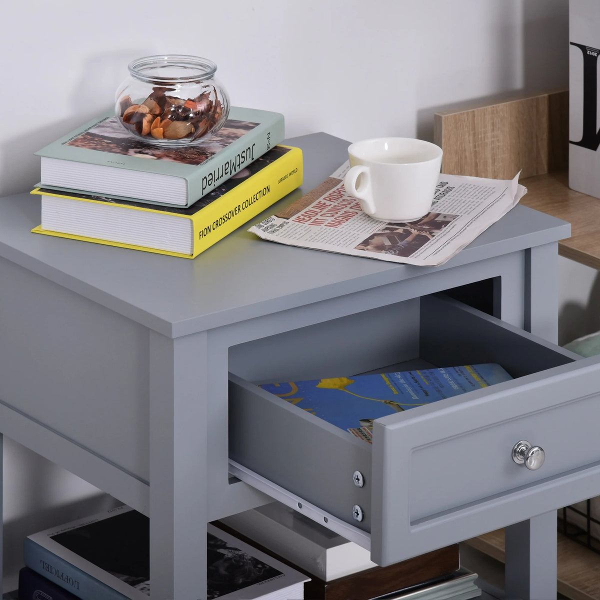Accent End Table with Gray Tabletop, Storage Drawer, and Bottom Shelf O399