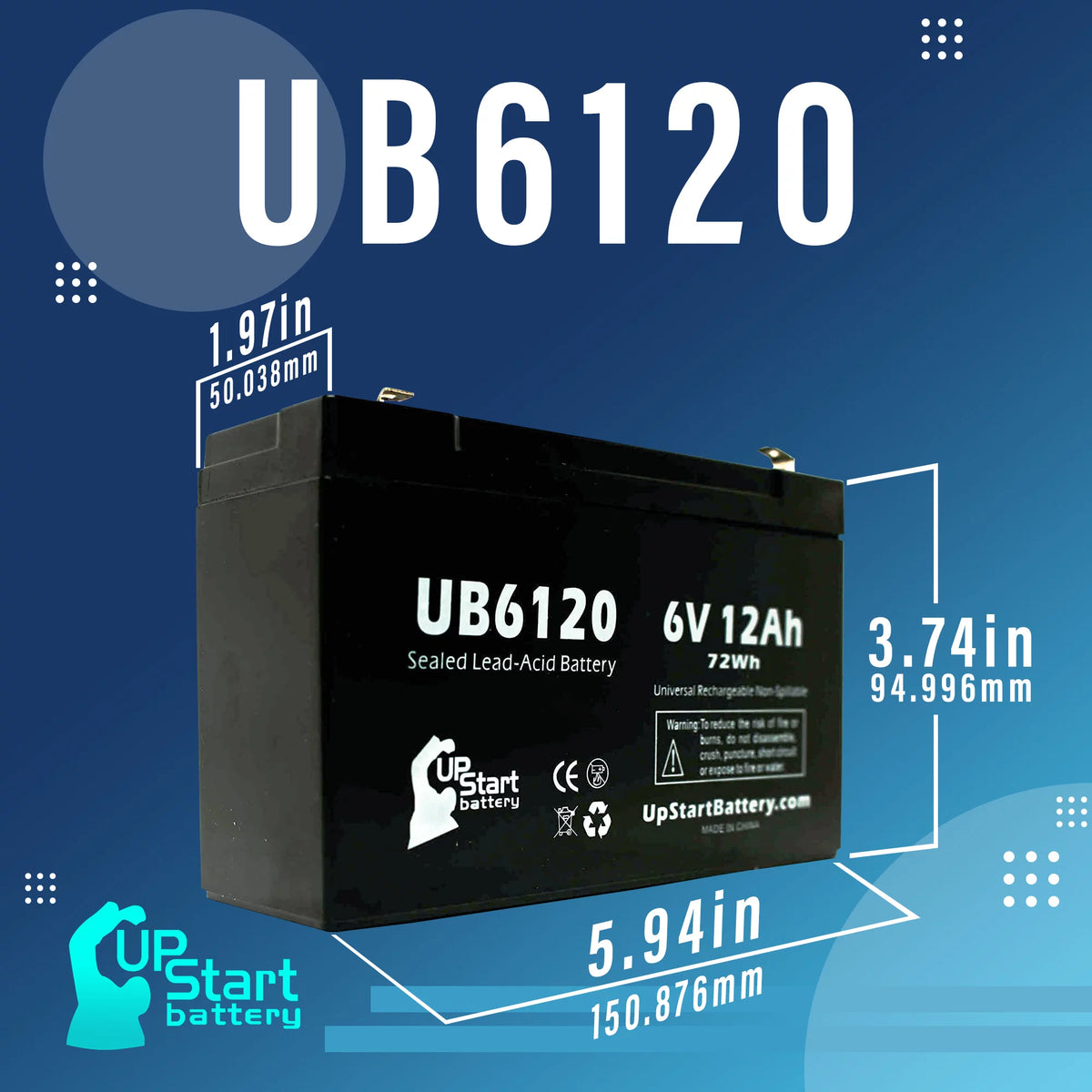 6V 12Ah Sealed Lead Acid Battery with F1 to F2 Terminal Adapters E727365