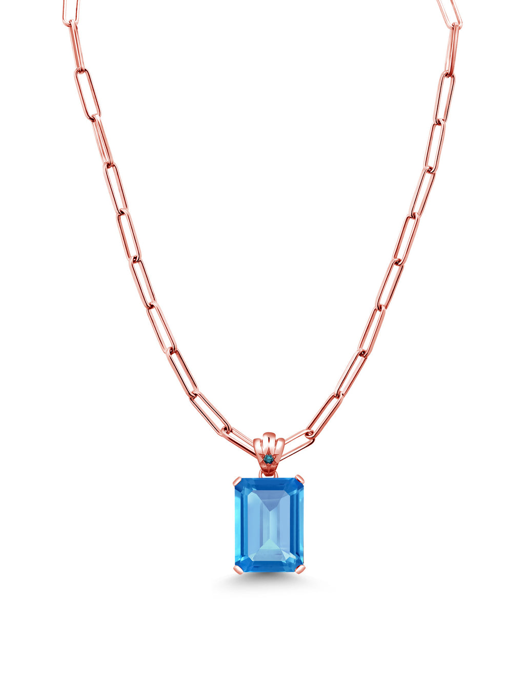 Swiss Blue Topaz Blue Diamond 18K Rose Gold Plated Silver Pendant with Paperclip Link Chain 18 inch with 2 inch Extender H8185