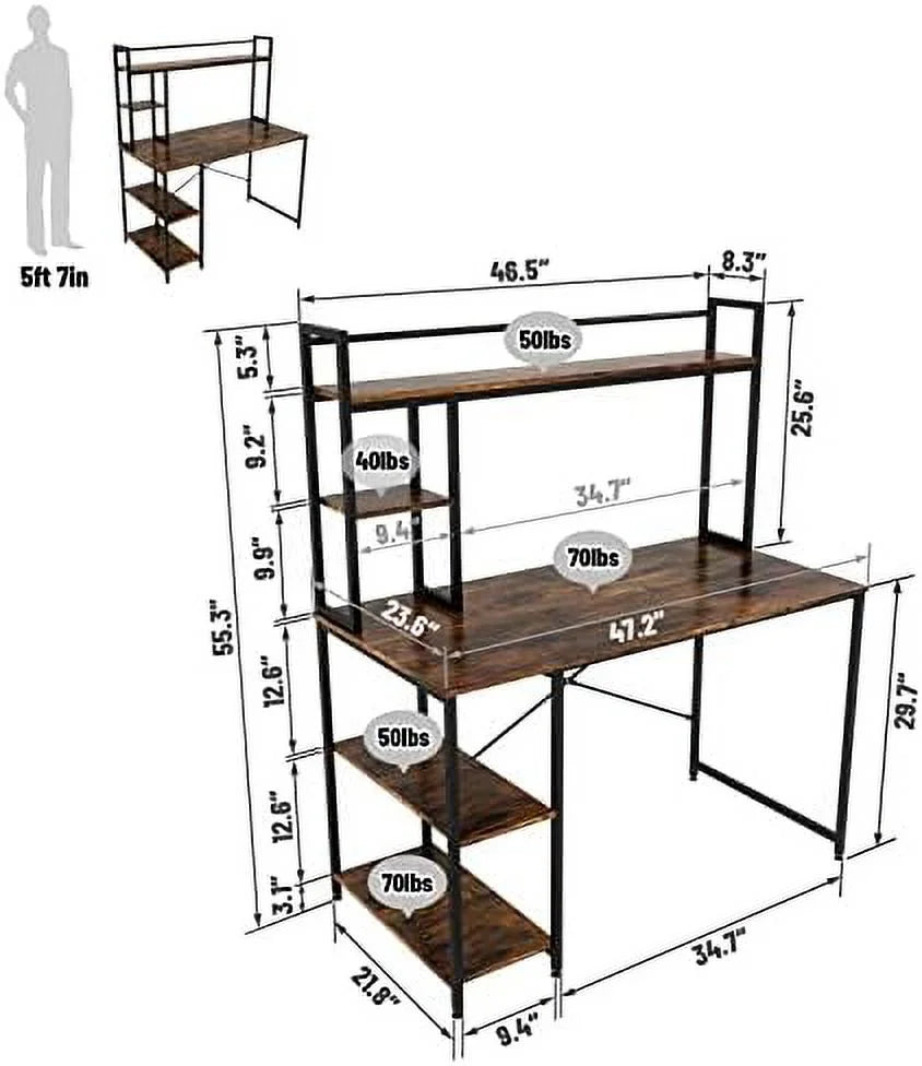 Computer Desk with Hutch and Shelves 47 Inch Adjustable J807240