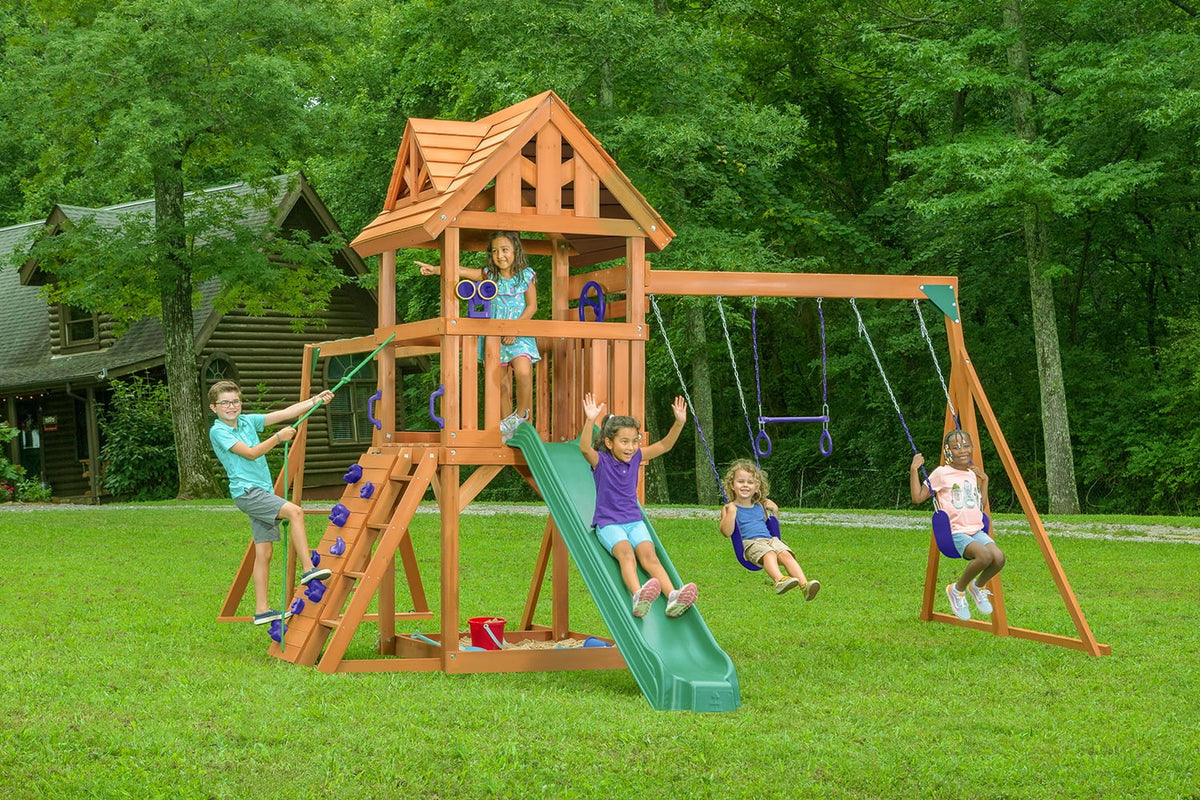 Cedar Swingset with Wooden Roof, Monkey Bars, Climbing Wall, Slide, Sandbox, Belt Swings and Trapeze O201