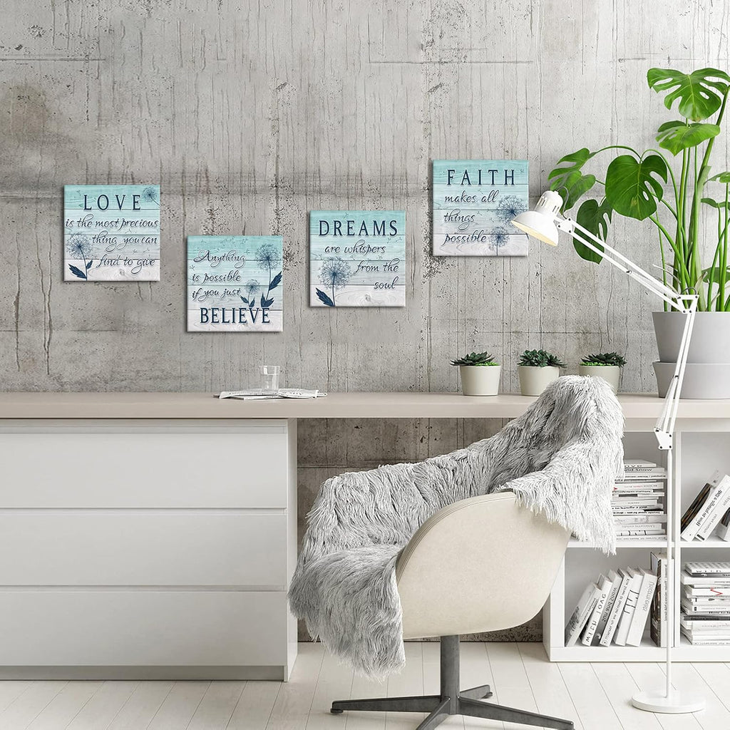 4 Panel Teal Blue Dandelion Canvas Wall Art T38027