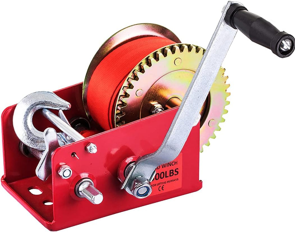 Hand Winch Heavy Duty 3500lbs with Nylon Strap and Ratchet Handle Hook 2 Gear Manual Crank Towing Winch (2500 Red) Pack of 2 E929271