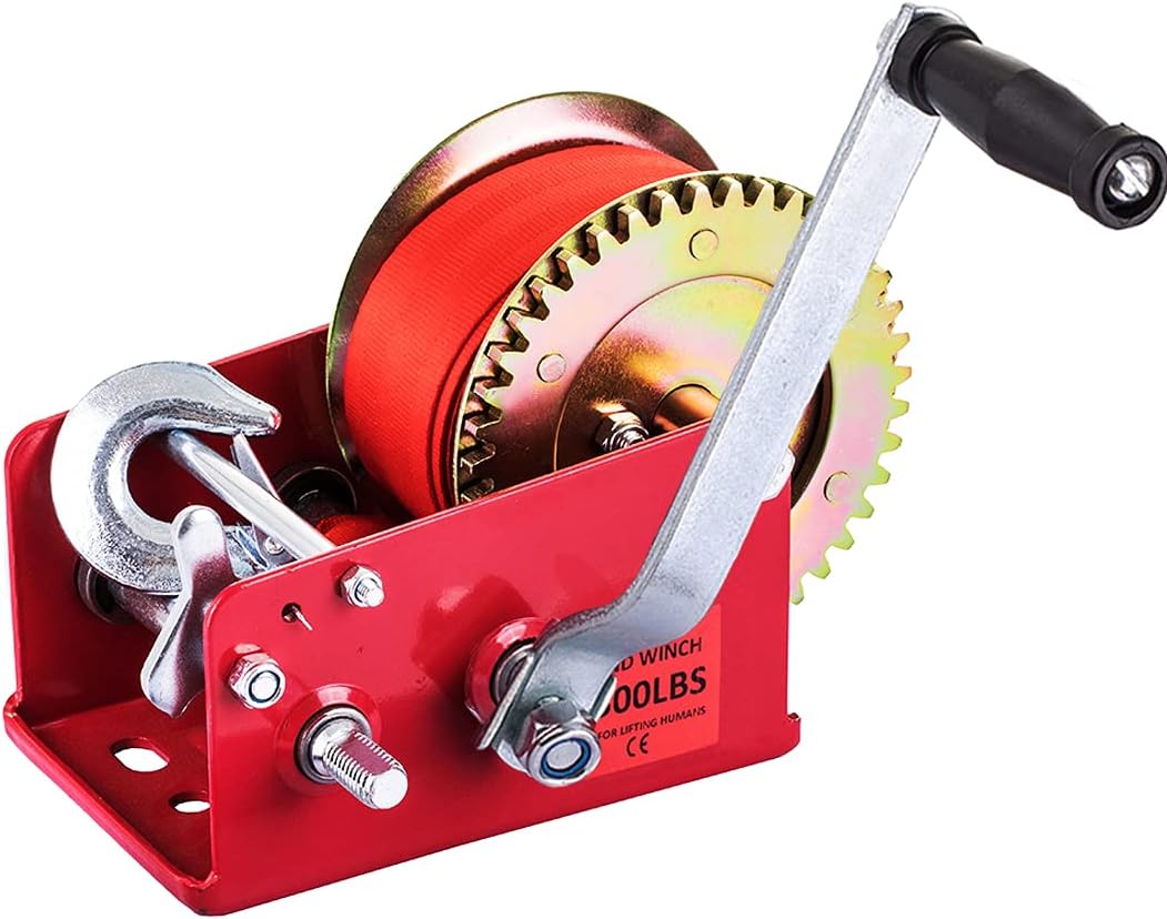 Hand Winch Heavy Duty 3500lbs with Nylon Strap and Ratchet Handle Hook 2 Gear Manual Crank Towing Winch (2500 Red) Pack of 2 E929271