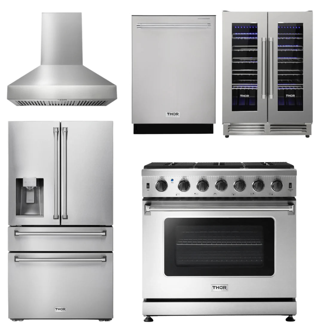 36 Inch Gas Range, Range Hood, Refrigerator, Dishwasher, Wine Cooler S156