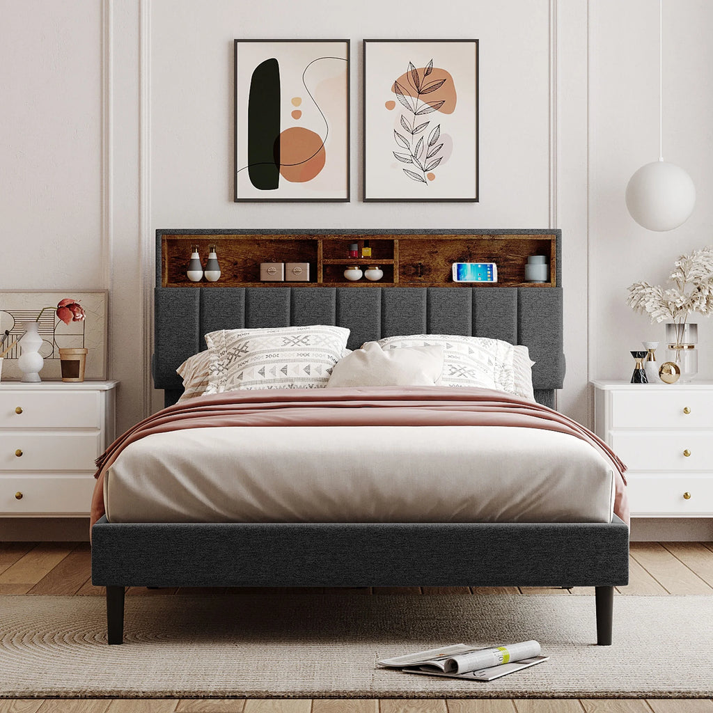 Queen Upholstered Bed Frame with Storage Headboard and USB Port W9628