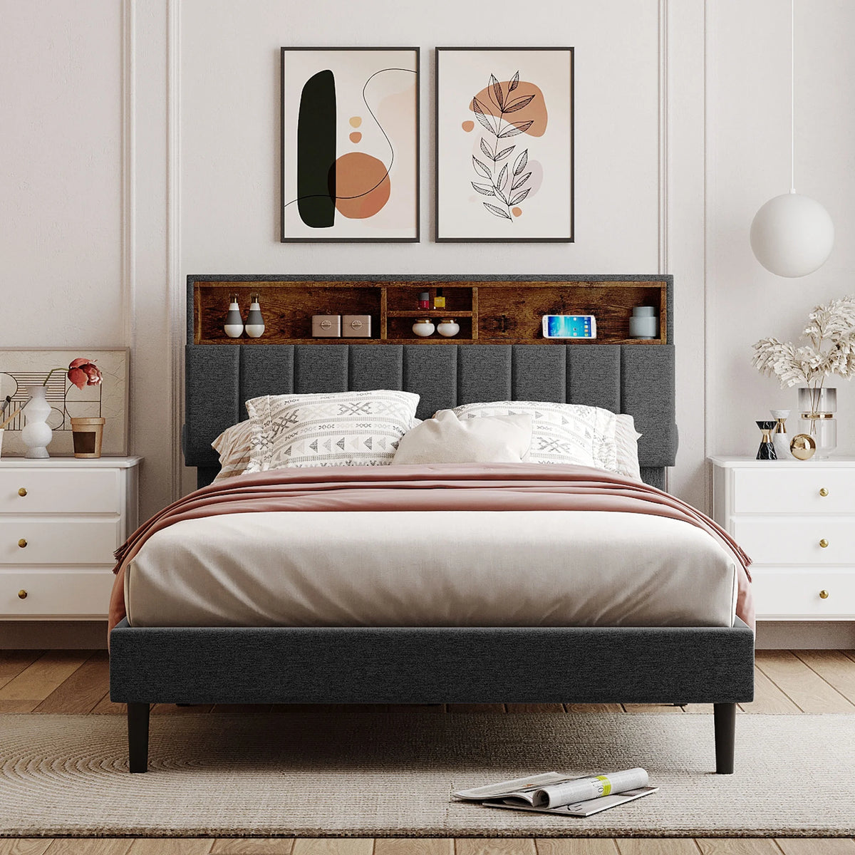 Queen Upholstered Bed Frame with Storage Headboard and USB Port W9628