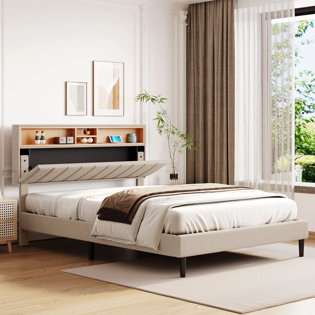 Queen Upholstered Bed Frame with Storage Headboard and USB Port W9628