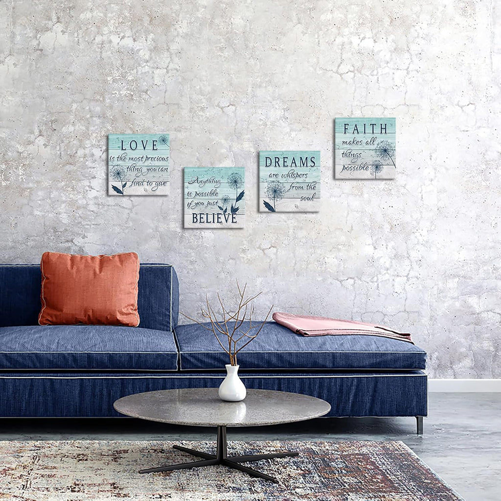 4 Panel Teal Blue Dandelion Canvas Wall Art T38027