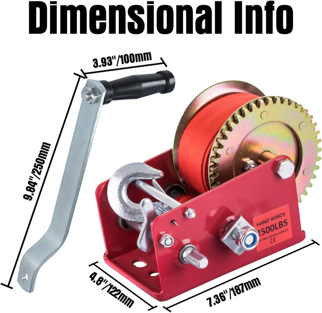 Hand Winch Heavy Duty 3500lbs with Nylon Strap and Ratchet Handle Hook 2 Gear Manual Crank Towing Winch (2500 Red) Pack of 2 E929271