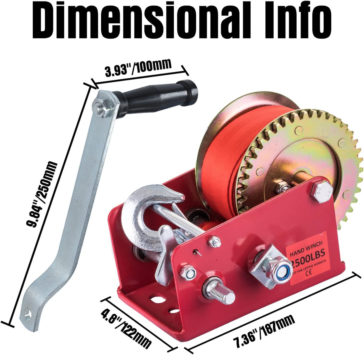 Hand Winch Heavy Duty 3500lbs with Nylon Strap and Ratchet Handle Hook 2 Gear Manual Crank Towing Winch (2500 Red) Pack of 2 E929271