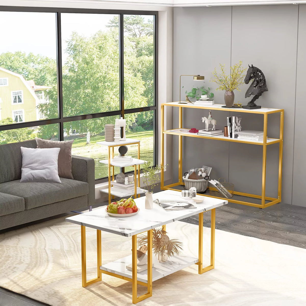 Gold Coffee Table Set of 3 with Metal Frame W79850