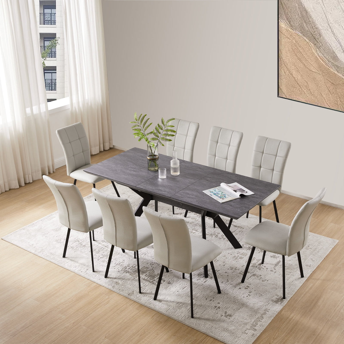 Extendable Dining Table Set with 8 Leather Upholstered Chairs W2983