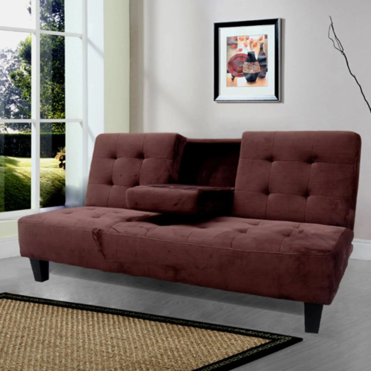 Brown Futon Sofa Bed with Cup Holder T808