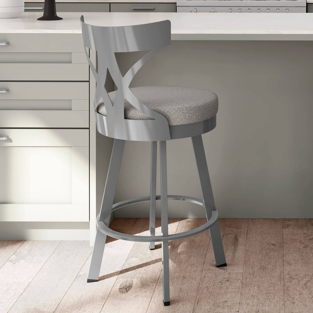 Grey Woven Fabric Black Metal Swivel Bar Stool Q689125