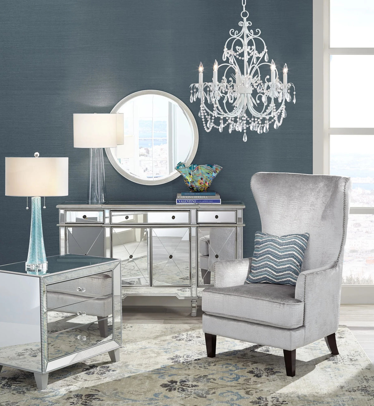 30" Tall Clear Glass End Table Lamp with White Shade W9969