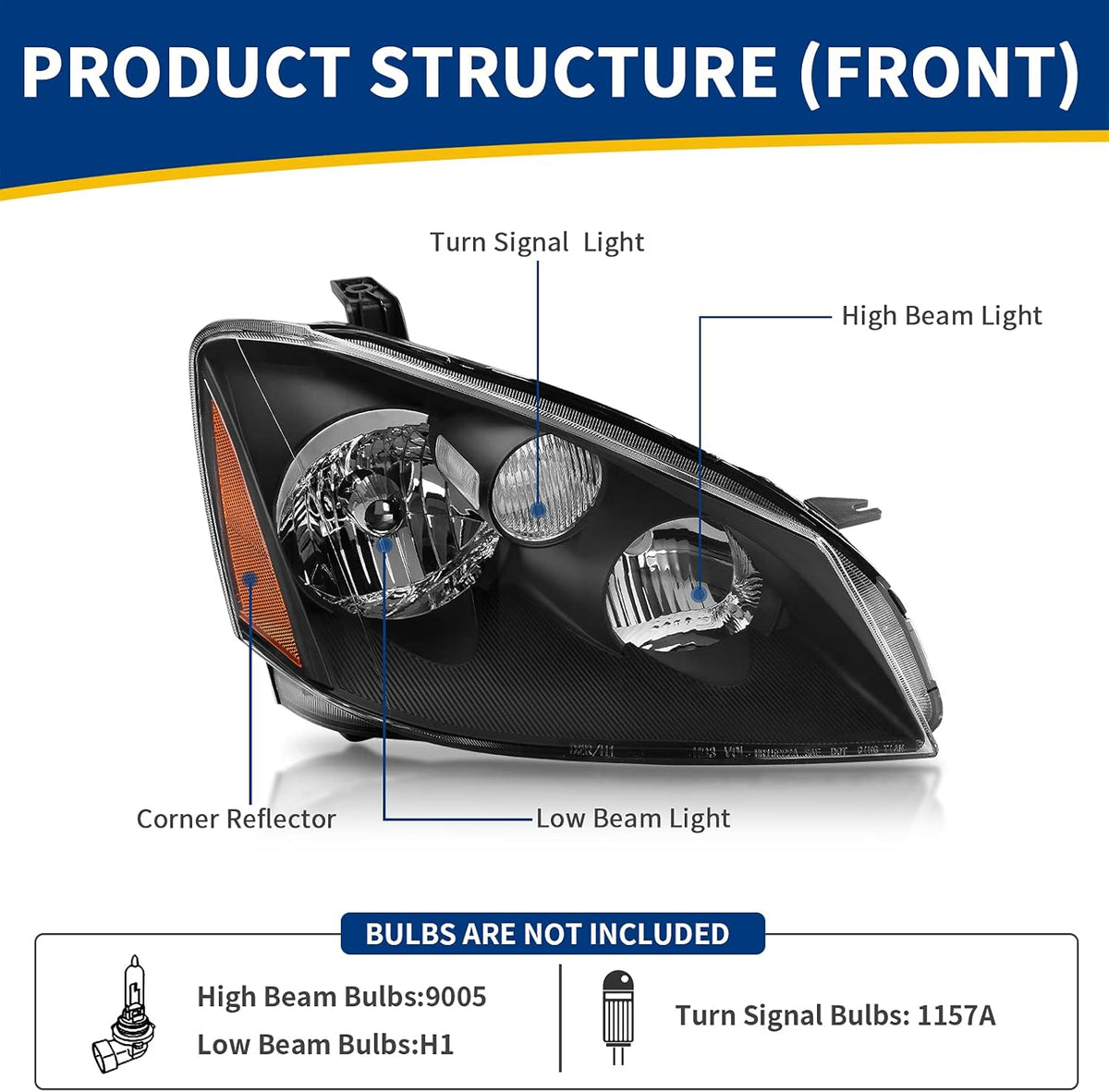 Headlight Assembly Compatible with 2005 2006 Altima Black Housing Amber Reflector C9004