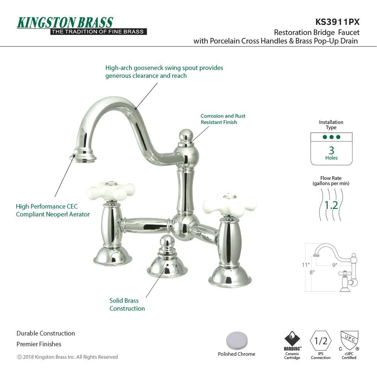 Polished Brass Lavatory Bridge Faucet with Brass Pop-Up V60261