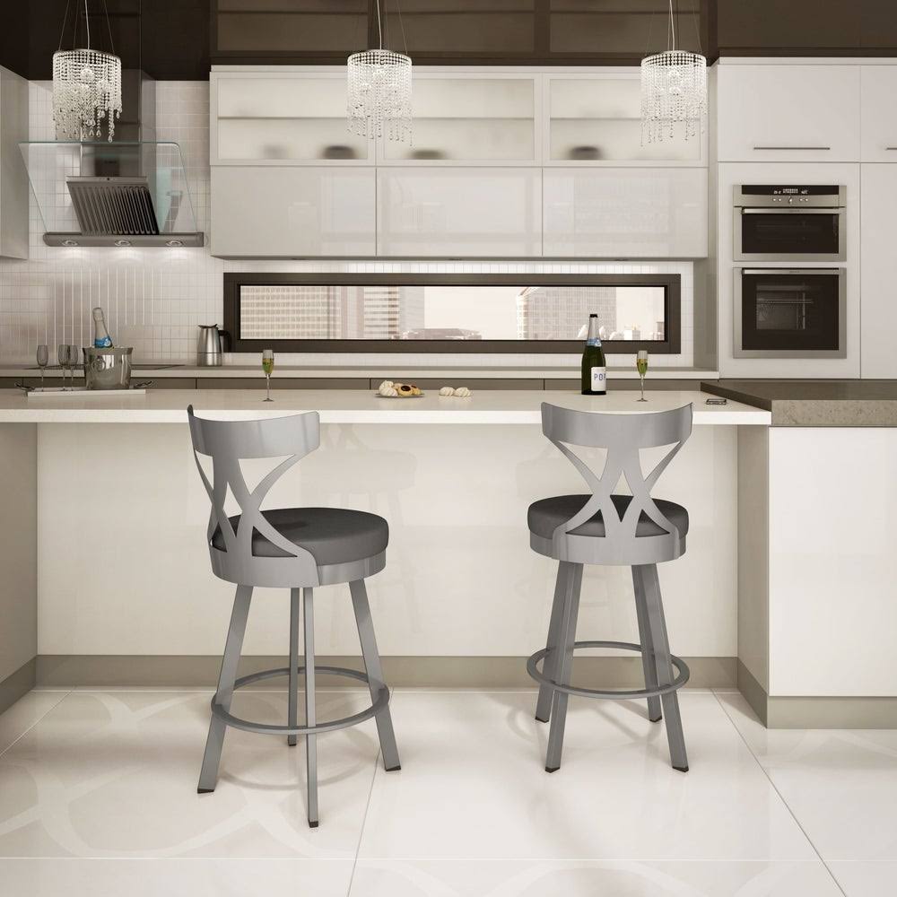 Grey Woven Fabric Black Metal Swivel Bar Stool Q689125