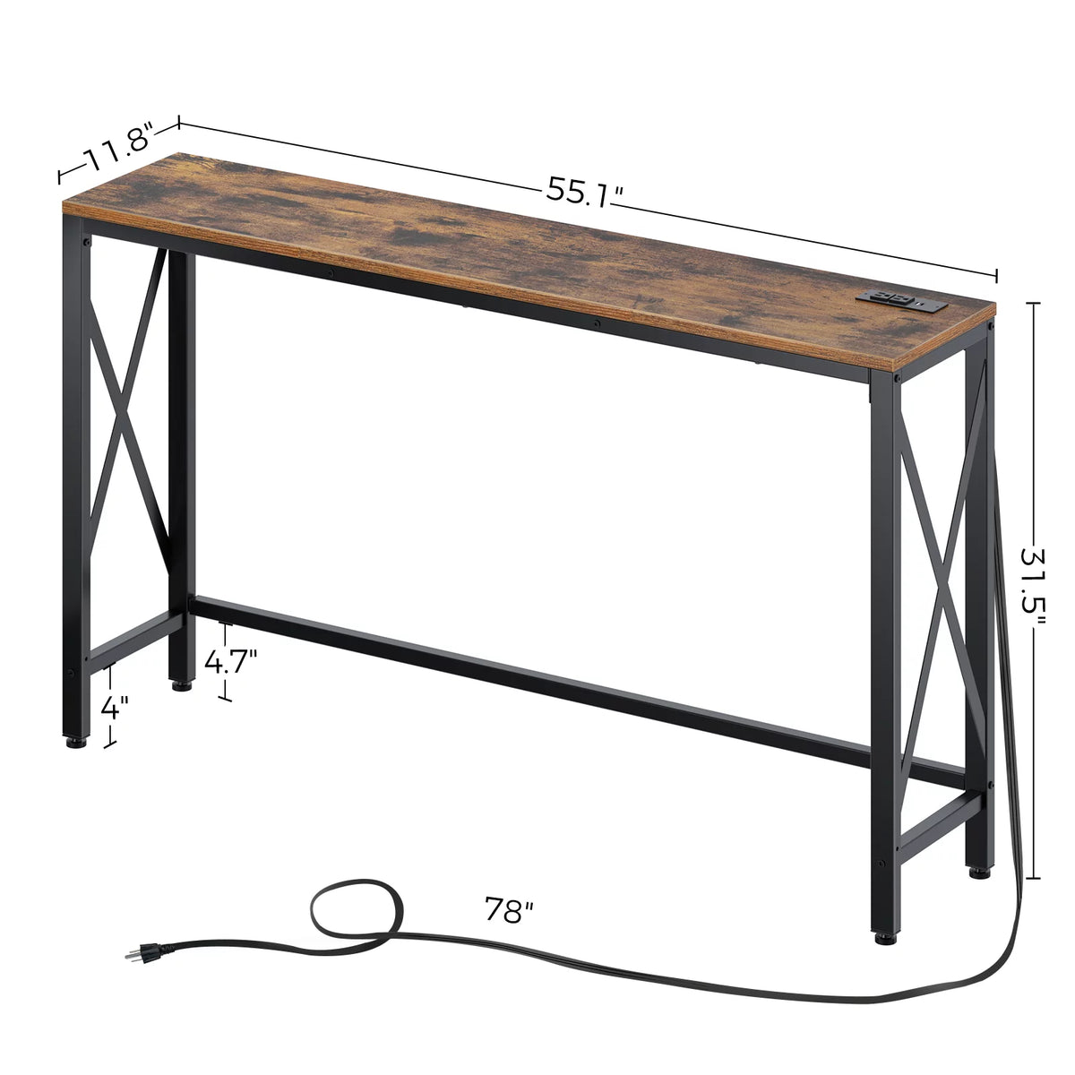 Console Table with Power Outlet, 55 Inch, Rustic Brown A893523