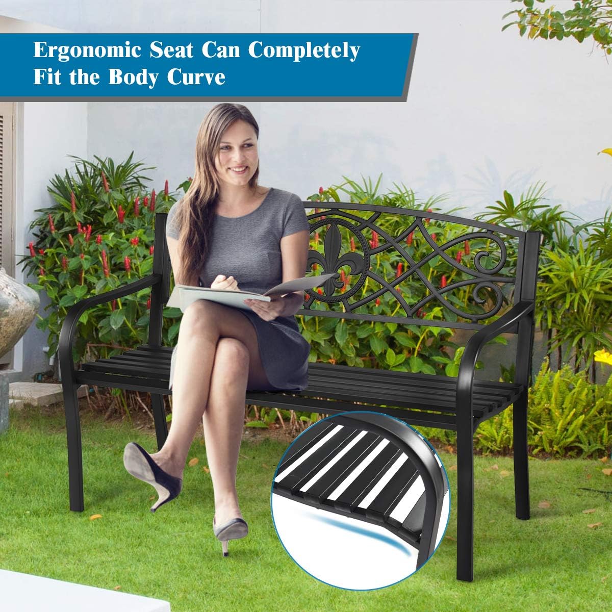 50 inch Heavy-Duty Metal Patio Bench with Pattern Backrest L4793