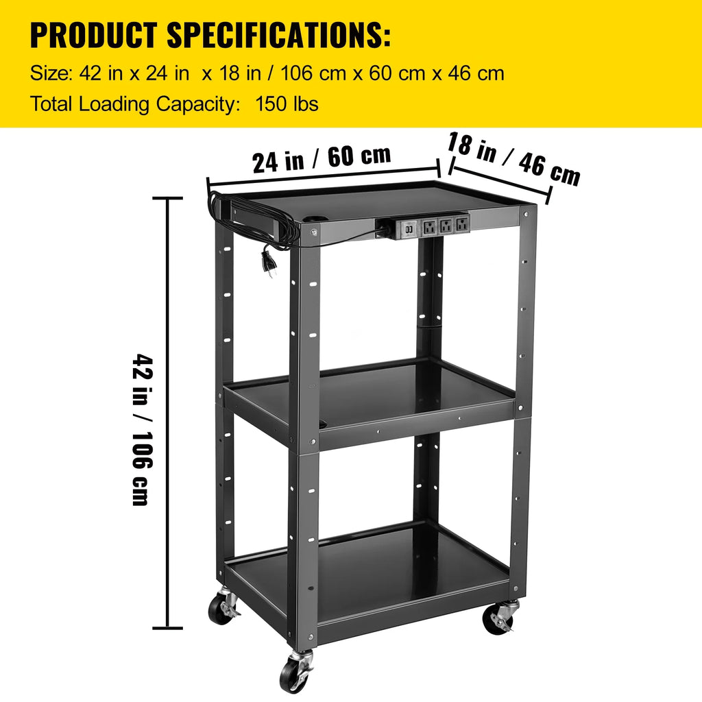 Steel AV Cart Media Cart with Cord Management Height Adjustable W7447