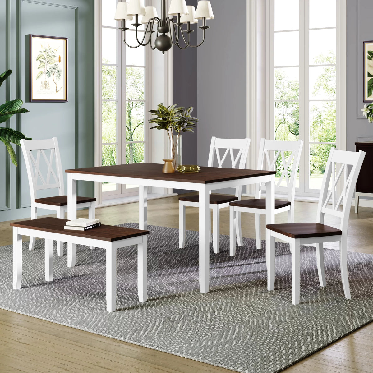 6-Piece Wooden Kitchen Table Set with 4 Chairs and Bench R114211