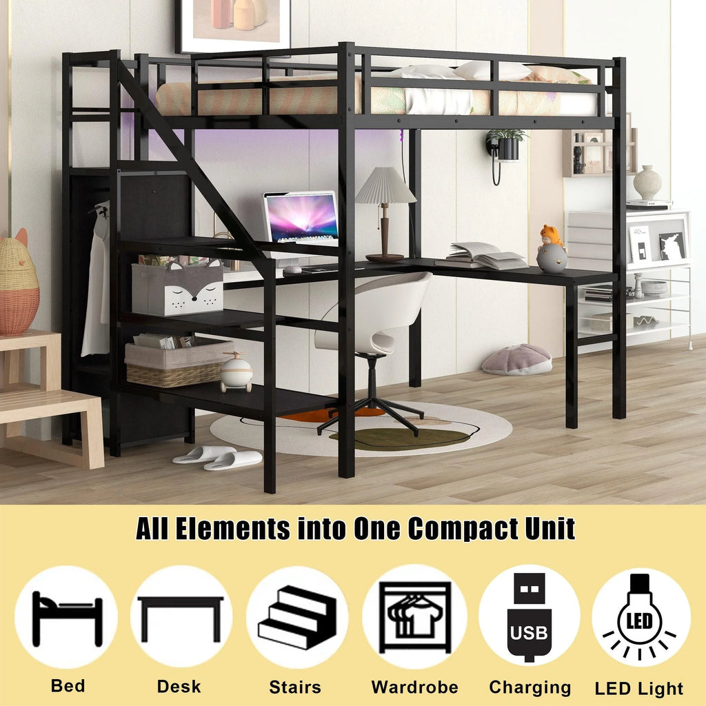 Black Full Size Metal Loft Bed with Desk and Stairs A260