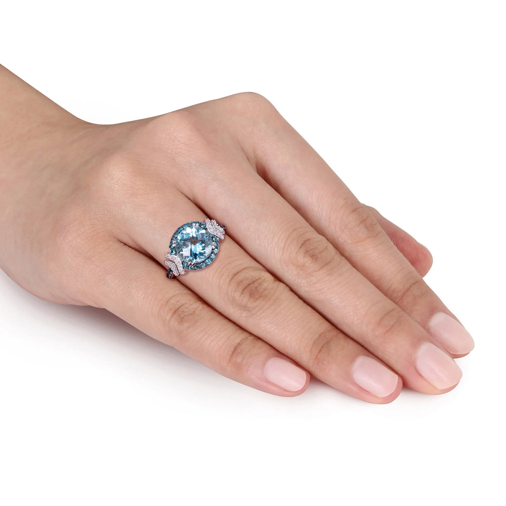 Sterling Silver Halo Bridal Set with Round Blue Topaz and Diamond R273