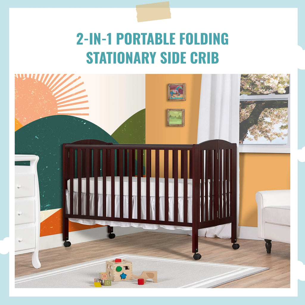Full Size 2-in-1 Folding Stationary Side Crib with Locking Wheels, Espresso Q905
