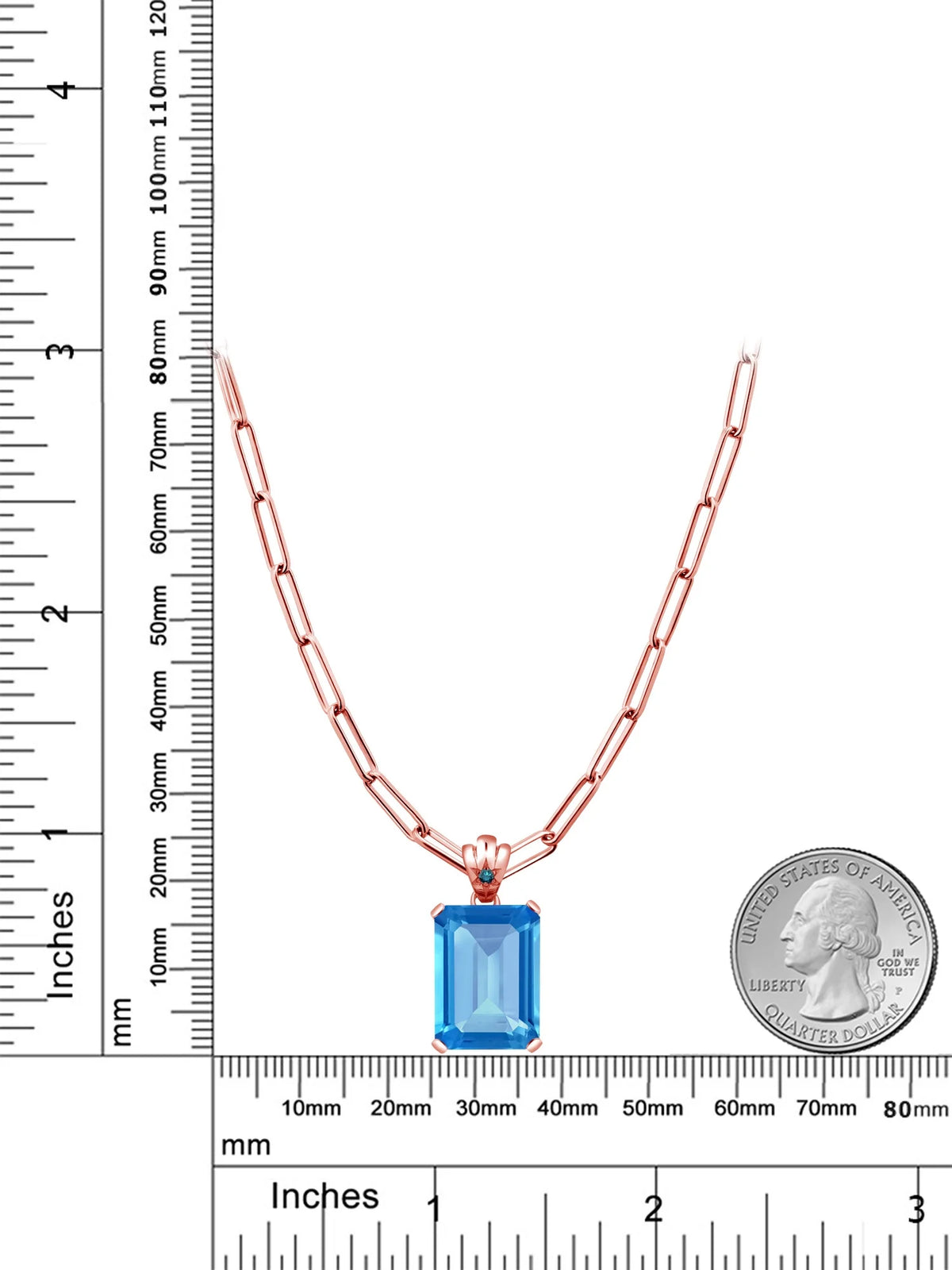 Swiss Blue Topaz Blue Diamond 18K Rose Gold Plated Silver Pendant with Paperclip Link Chain 18 inch with 2 inch Extender H8185
