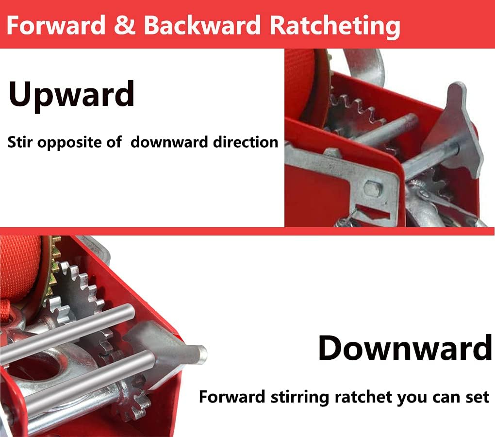Hand Winch Heavy Duty 3500lbs with Nylon Strap and Ratchet Handle Hook 2 Gear Manual Crank Towing Winch (2500 Red) Pack of 2 E929271