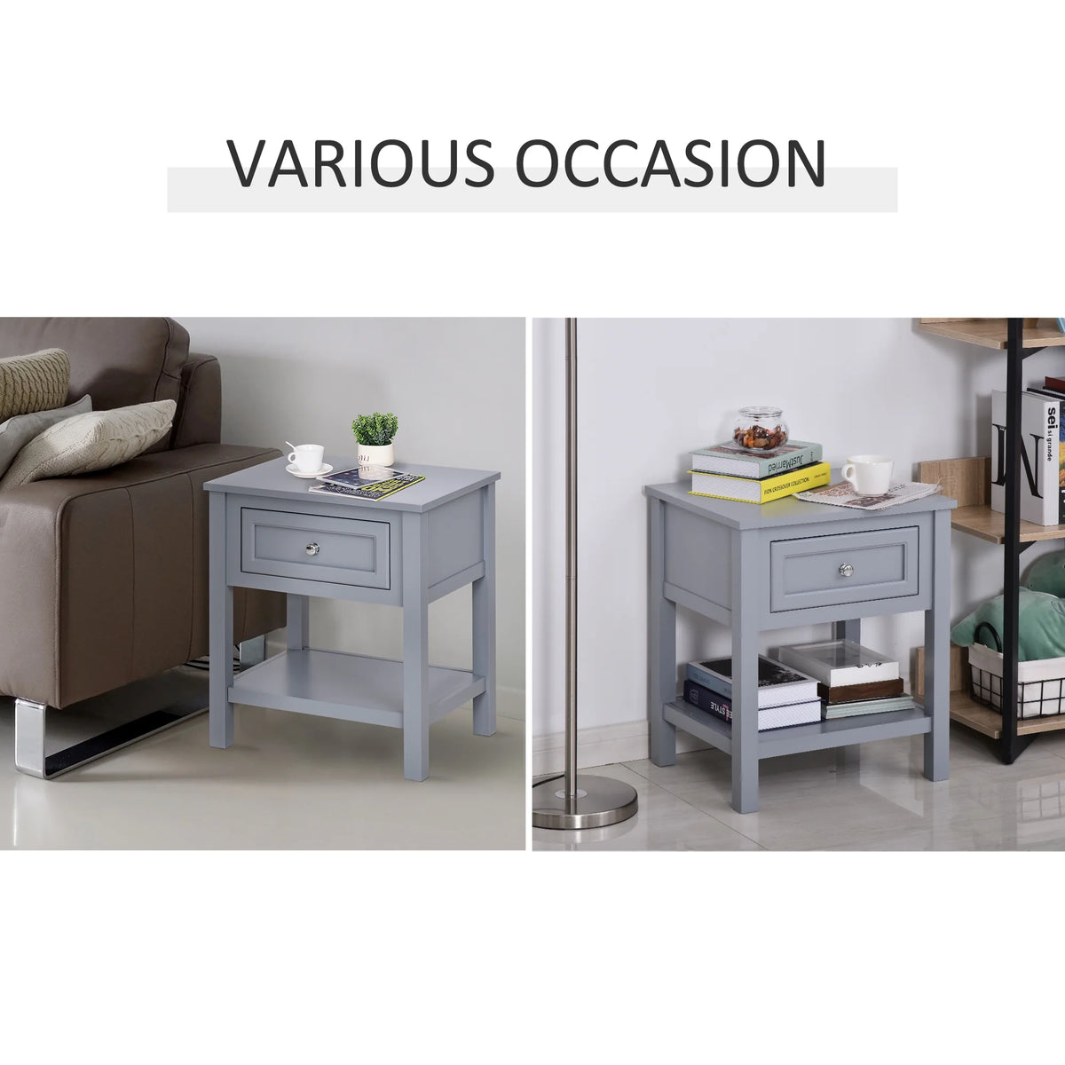 Accent End Table with Gray Tabletop, Storage Drawer, and Bottom Shelf O399