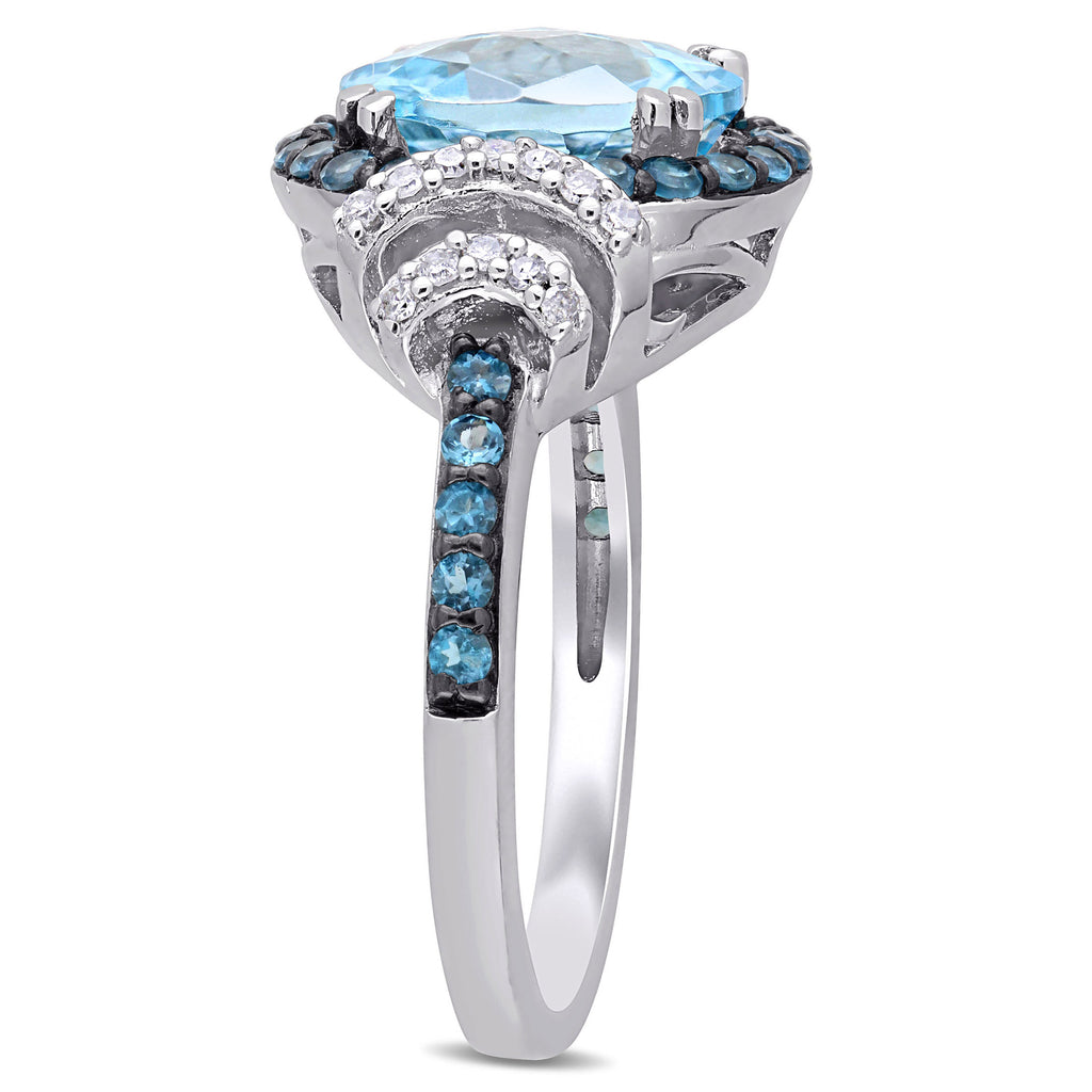 Sterling Silver Halo Bridal Set with Round Blue Topaz and Diamond R273
