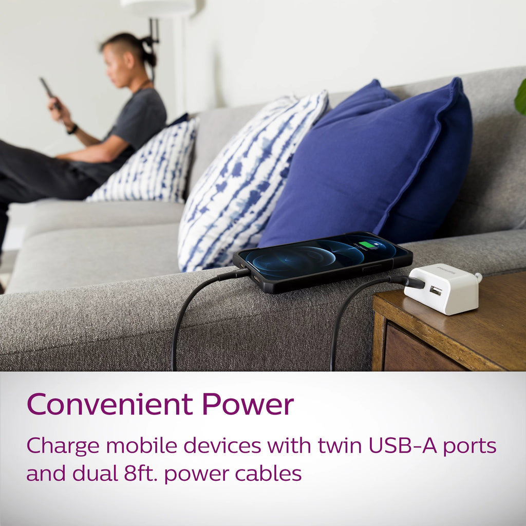 Twin USB Tabletop Charger, 4 USB-A Ports, 8ft Split Cord, White X235874