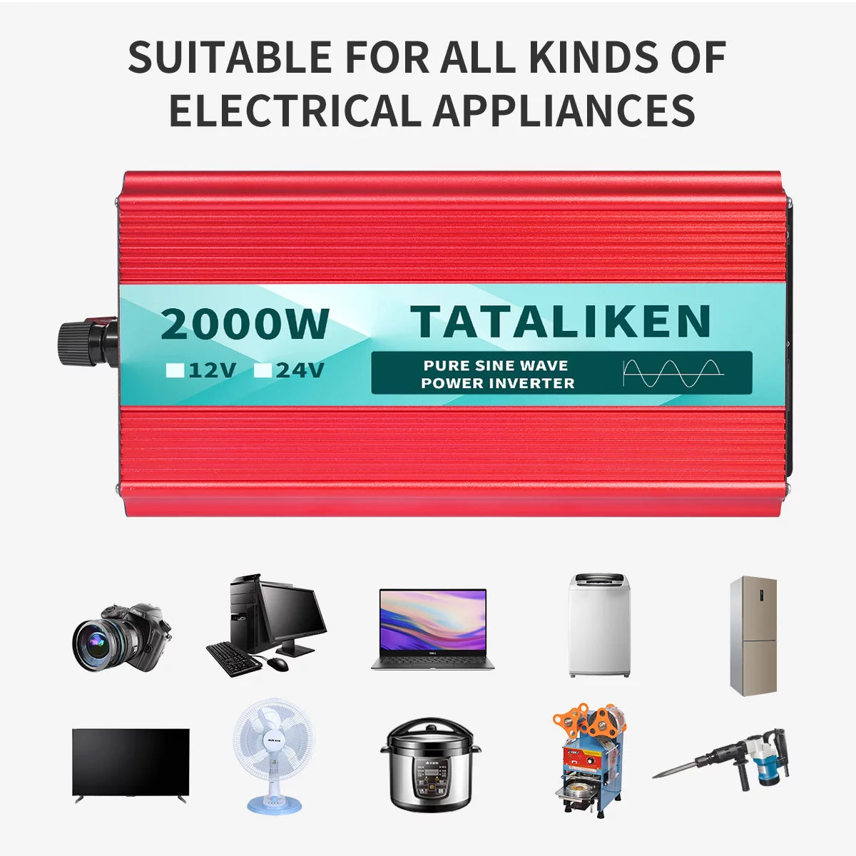 2000 Watts Pure Sine Wave Power Inverter DC 12V to AC 110V/120V with 2 AC Outlets I2243