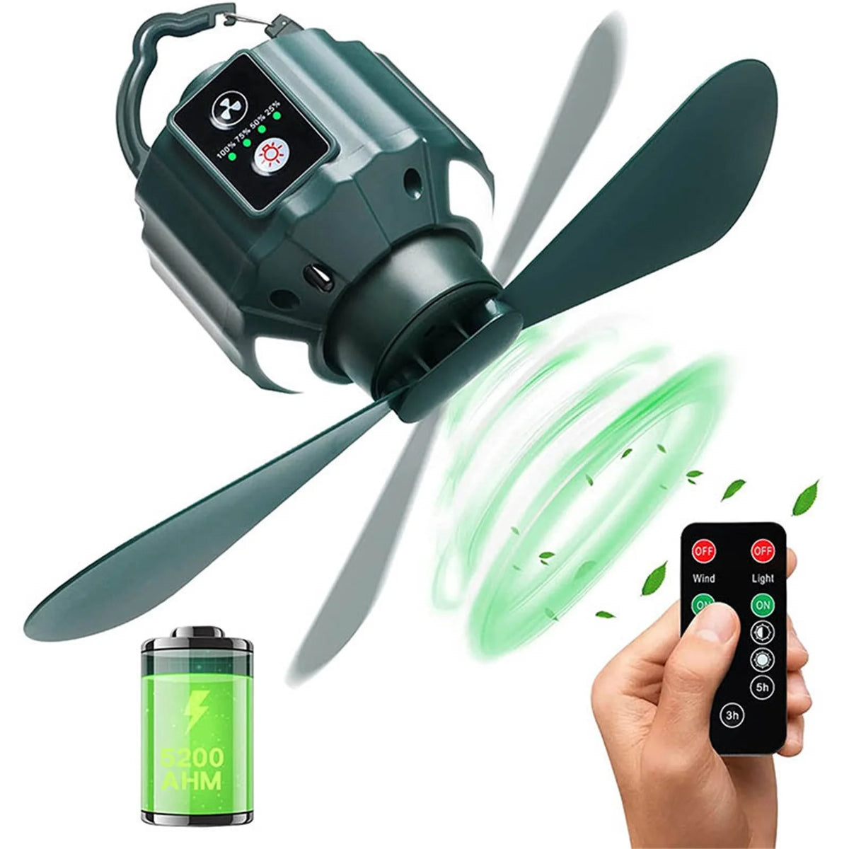 Rechargeable Camping Fan with LED Light and Hook 5200mAh I486