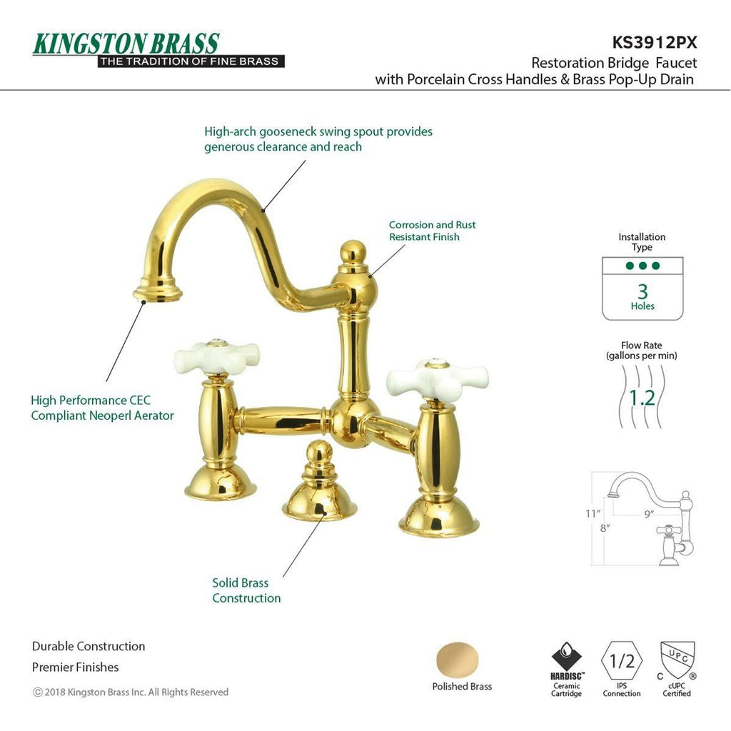 Polished Brass Lavatory Bridge Faucet with Brass Pop-Up V60261
