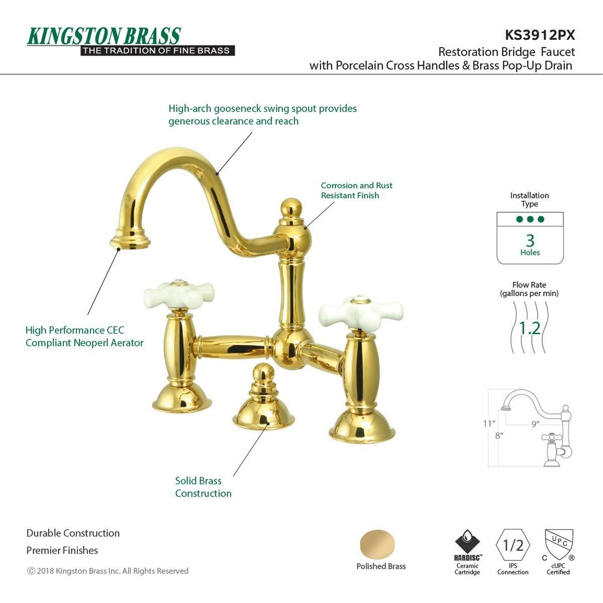 Polished Brass Lavatory Bridge Faucet with Brass Pop-Up V60261