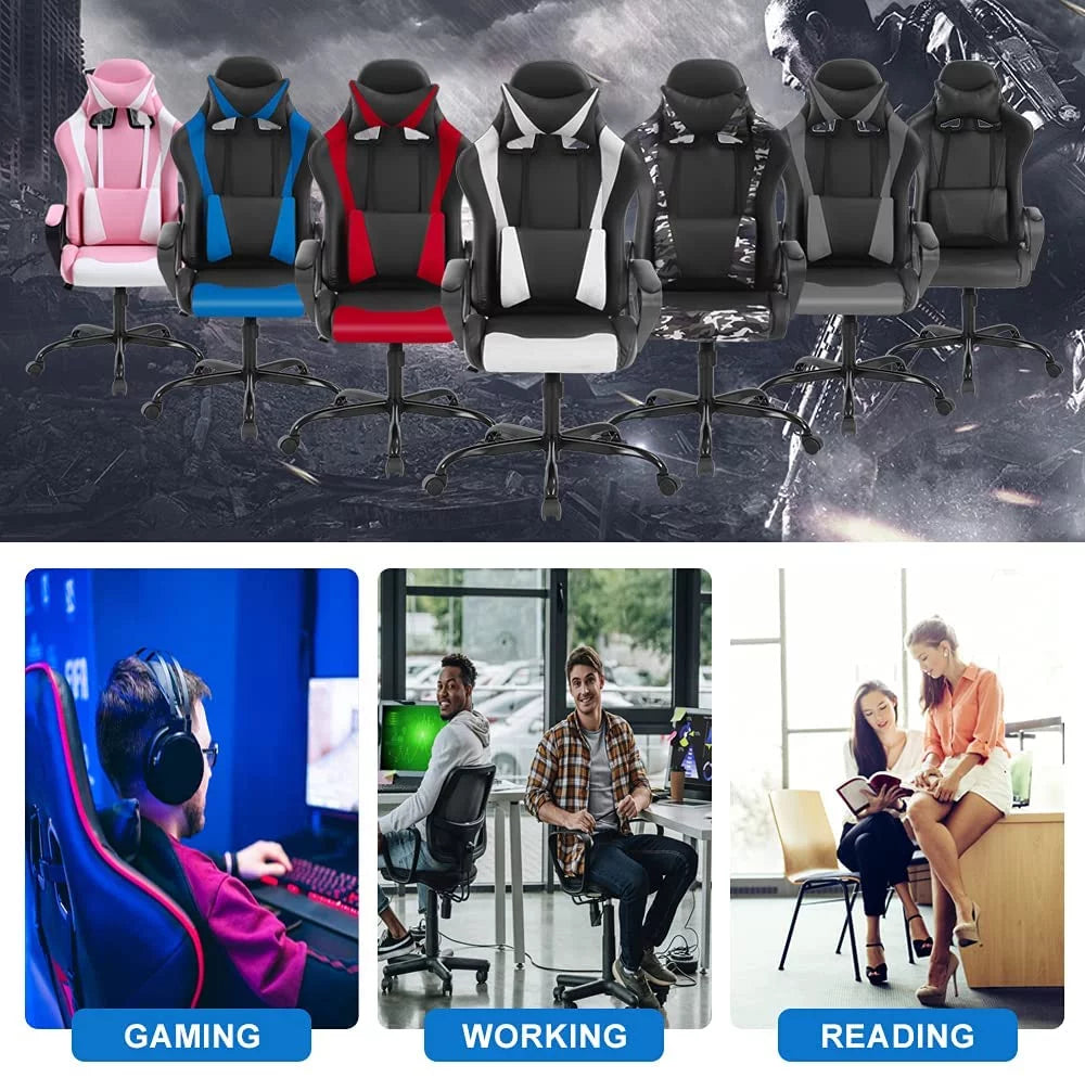 White Massage Gaming Chair with Headrest and Lumbar Support O503379