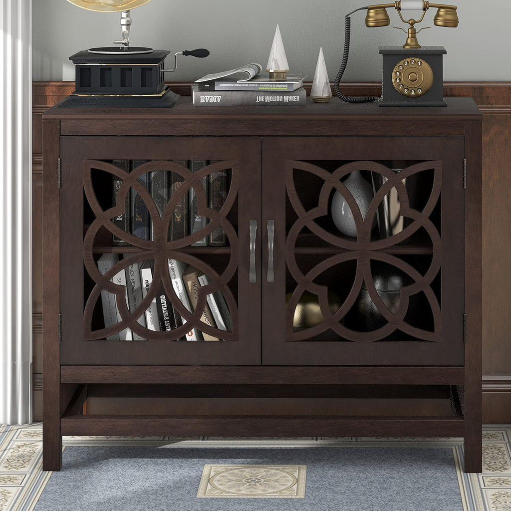 Black Accent Buffet Sideboard with Tempered Glass Console Table Sofa Table with Adjustable Shelves Cabinet L704056