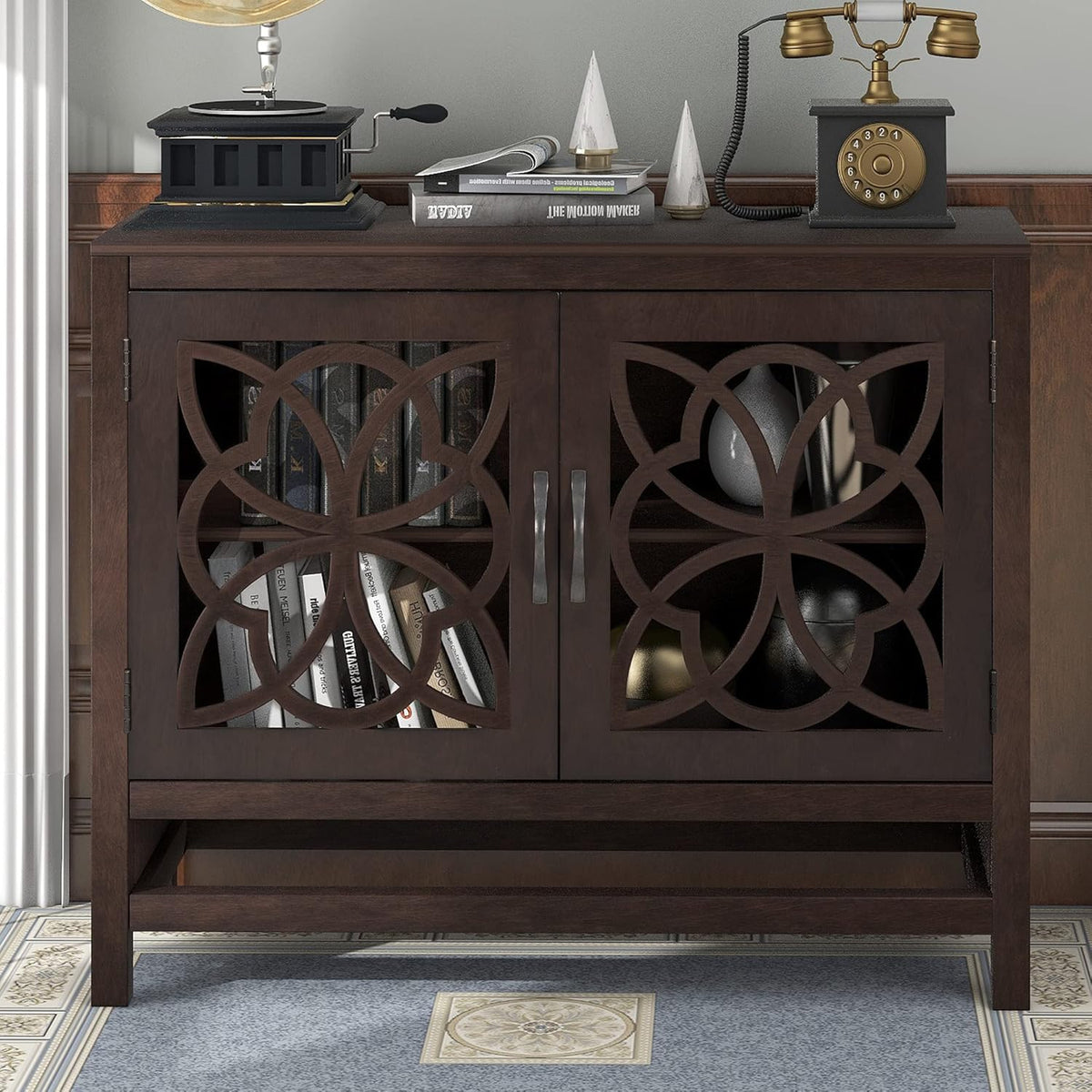 Black Accent Buffet Sideboard with Tempered Glass Console Table Sofa Table with Adjustable Shelves Cabinet L704056