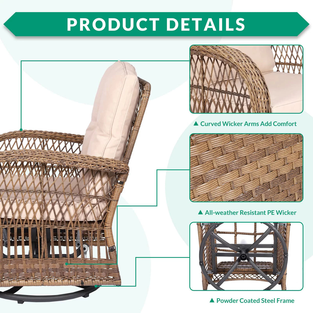 3-Piece Outdoor Swivel Glider Rocking Chairs with Glass Top Side Table X791398