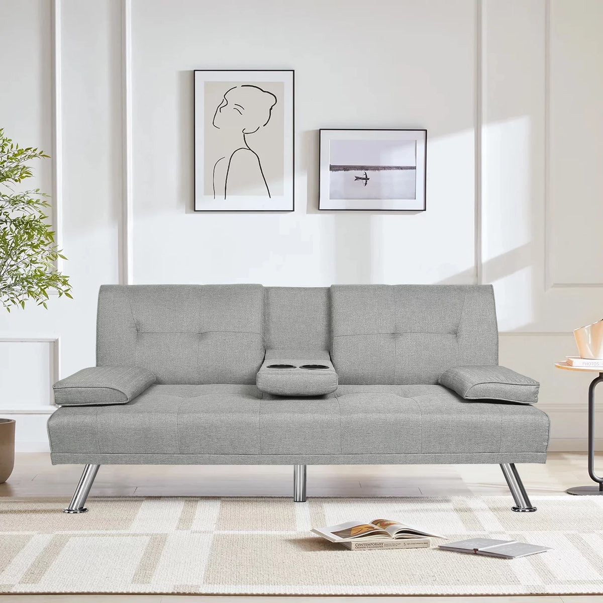Dark Gray Linen Convertible Futon Sofa E856
