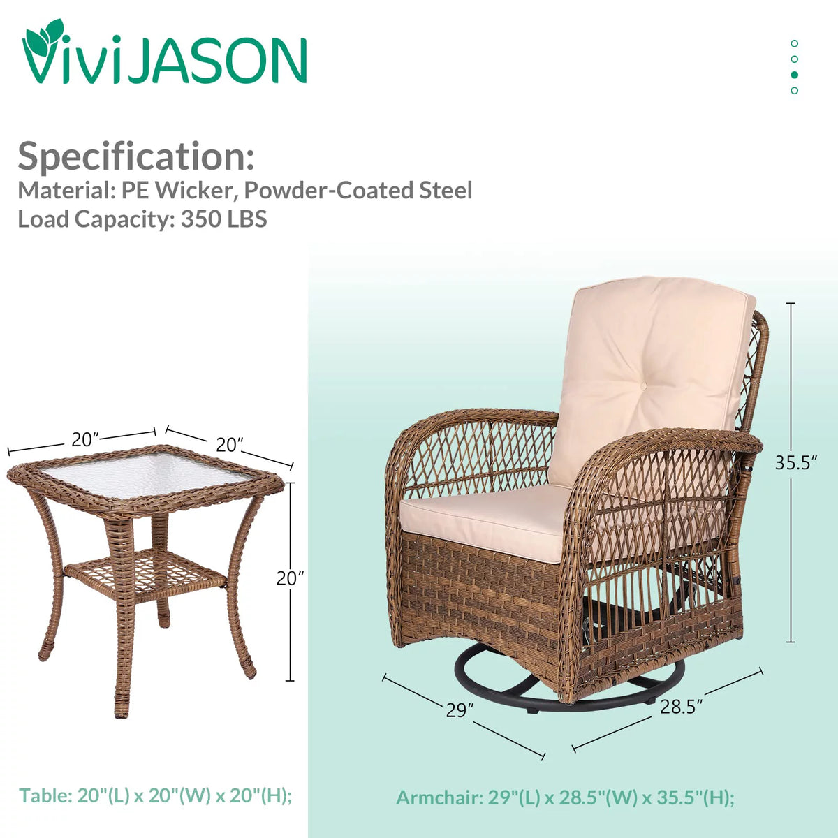 3-Piece Outdoor Swivel Glider Rocking Chairs with Glass Top Side Table X791398